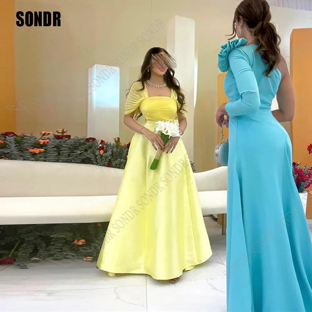 SONDR 빈티지 옐로우 롱 사우디 아라비아 이브닝 드레스, 새틴 A 라인, 두바이 캡 슬리브, 포멀 가운, 우아한 맞춤형 이벤트 드레스